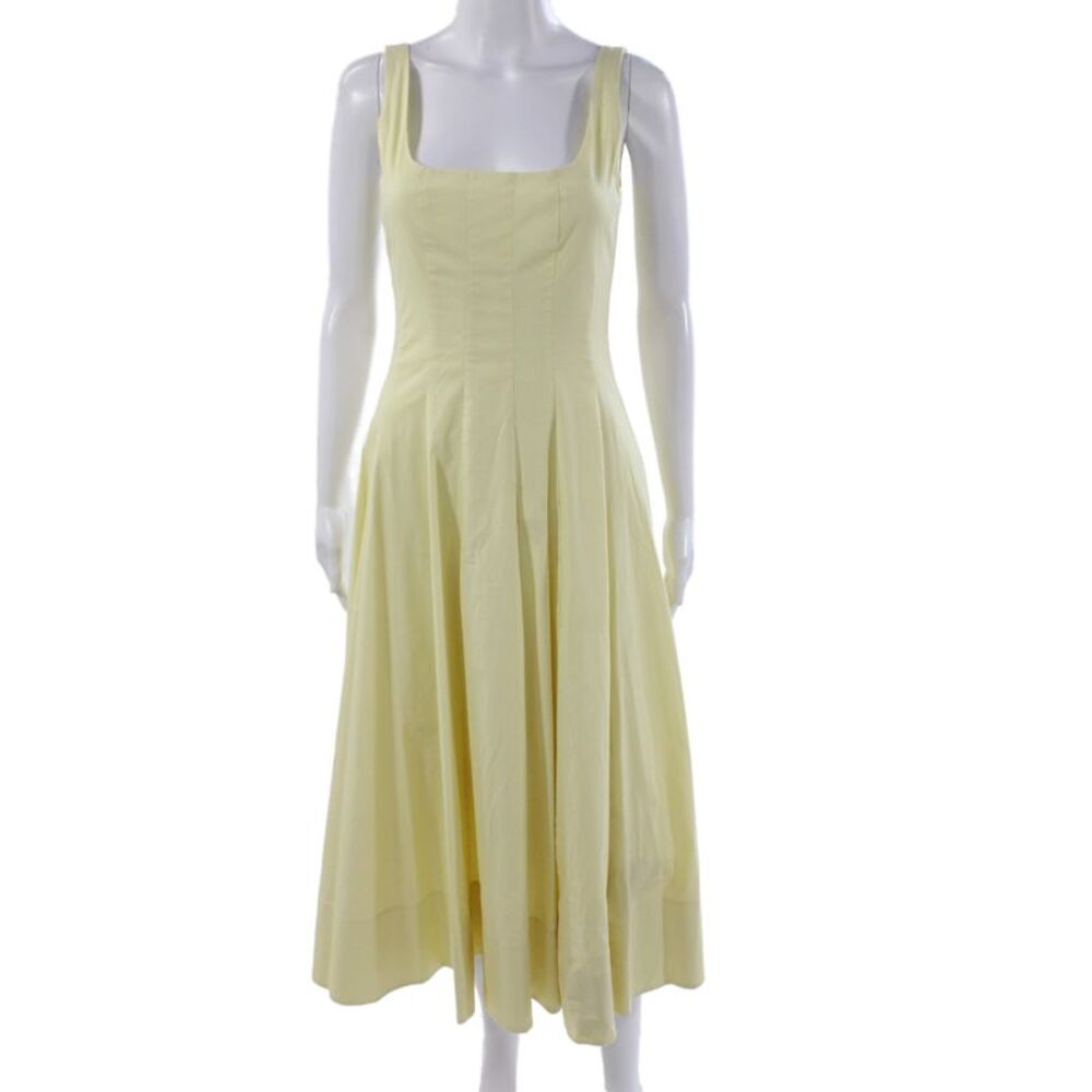 Staud Women Fit & Flare Midi Dress Yellow Square Neck Sleeveless Cotton Size 0